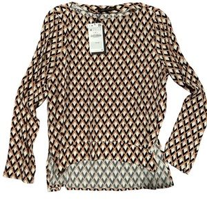 NWOT ZARA Long Sleeve Geometric Pattern Blouse - Black, White, Tan - Size Medium